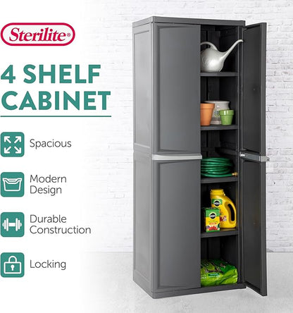 Sterilite 4 Shelf Cabinet, Heavy Duty and Easy to Assemble Plastic Storage Unit, Organize Bins in the Garage, Basement, Attic, Mudroom, Gray, 1-pack