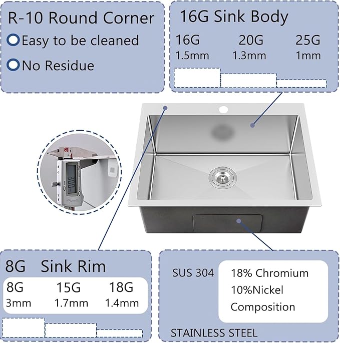 25x18 Inch Kitchen Sink Drop In, Topmount Kitchen Sink Stainless Steel Square Small Sinks, Single Bowl Kitchen Sinks For Laundry RV Office Outdoor Yard with Basket Strainer