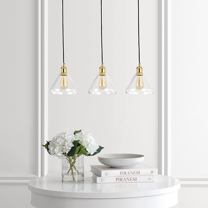 JONATHAN Y 30.5" Brass Gold/Black 3-Light Iron and Glass Linear Pendant Light, Adjustable Height for Kitchen Island Dining Room, Modern Farmhouse, LED Bulbs Included JYL1123A