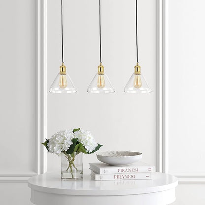 JONATHAN Y 30.5" Brass Gold/Black 3-Light Iron and Glass Linear Pendant Light, Adjustable Height for Kitchen Island Dining Room, Modern Farmhouse, LED Bulbs Included JYL1123A
