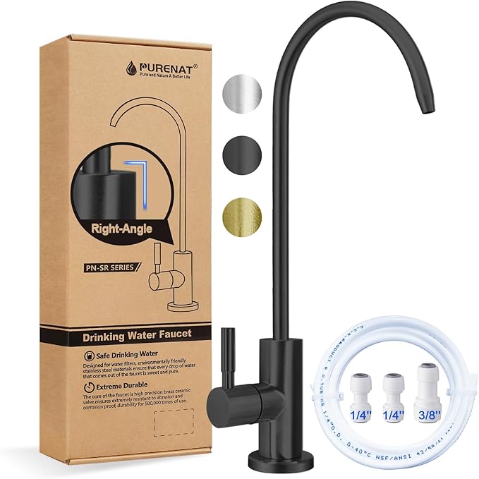 Drinking Water Faucet - Long Thread Stem Filtered Water Tap for Thick Countertop,Lead-Free RO Faucet with Hose and Push Connect Fittings(Matte Black-Flat Top)