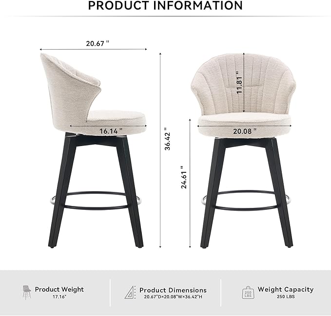 Wing Back Swivel Bar Stools Set of 2-25" Counter Height Adjustable Stools Chenille Upholstery, Leveling Feet for Kitchen Island, Home Pub or Dining Room