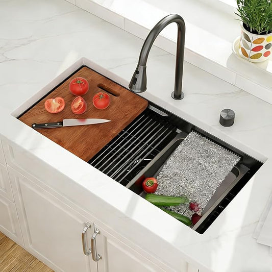 Lordear 33 Inch Gunmetal Black Kitchen Sink With Waterfall Faucet Undermount Kitchen Sinks Workstation Stainless Steel T304 16 Gauge Single Bowl NANO-PVD Handmade Under Counter 33x17x10 Inch