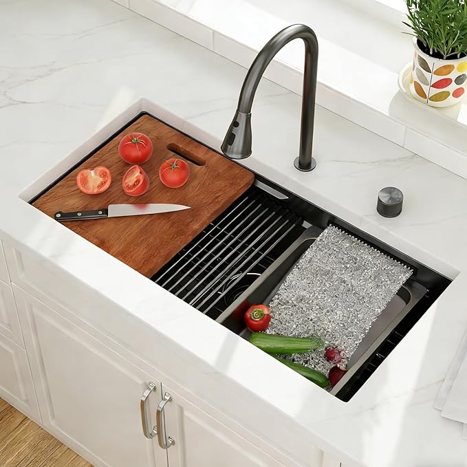 Lordear 30 Inch Waterfall Kitchen Sink Black - Undermount Kitchen Sink Workstation Stainless Steel 16 Gauge Single Bowl NANO-PVD Handmade Under Counter Smart Kitchen Sinks With Faucet