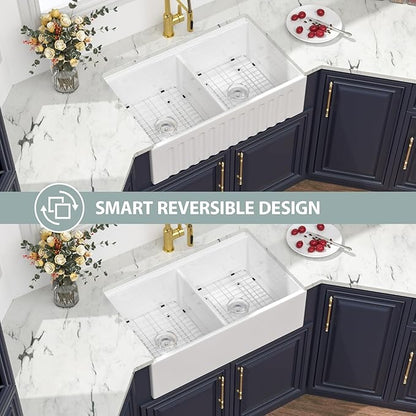 33 White Farmhouse Kitchen Sink Double Bowl - Kichae 33" x 20" Ledge Workstation Fluted Apron Front Ceramic Porcelain Farm Sinks Single Bowl