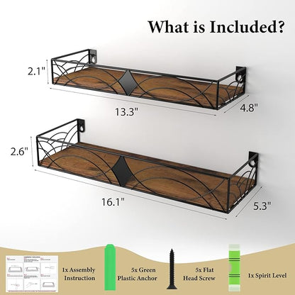 MEBRUDY Floating Shelves Set of 2, Rustic Wall Shelves with Rhombic Style for Living Room, Bedroom, Bathroom, Kitchen