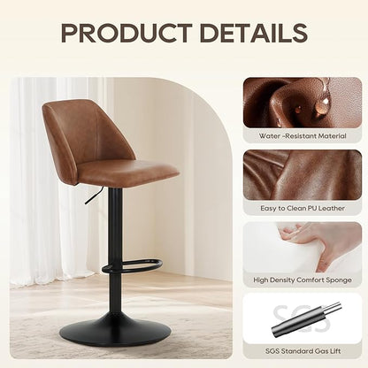 COLAMY Bar Stools Set of 2, Modern Swivel Bar Chairs, Adjustable PU Leather Upholstered Barstools Counter Height with Full Backrest for Bar, Dining Room, Kitchen Island, Brown