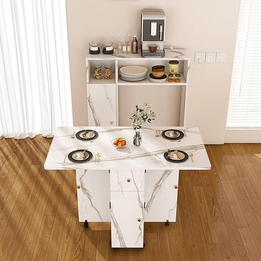 Multifunctional Folding Dining Table, Extendable Drop Leaf Table with Storage & Charging Station, Space Saving Collapsible Drop Leaf Extension Desk, Extendable Dining Table (37.4" White)