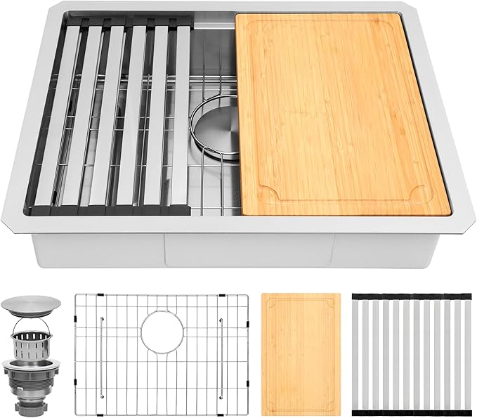 Undermount Kitchen Sink, 23" x 18" x 6" Single Bowl Workstation Sink with Accessories, 16 Guage T-304S Stainless Steel ADA-Compliant kitchen Sinks, 6 Inch Deep RV Kitchen Sink