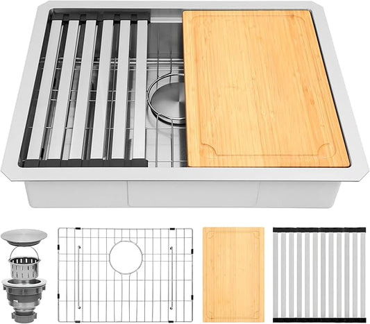Undermount Kitchen Sink, 23" x 18" x 6" Single Bowl Workstation Sink with Accessories, 16 Guage T-304S Stainless Steel ADA-Compliant kitchen Sinks, 6 Inch Deep RV Kitchen Sink