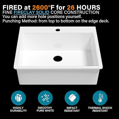 30x22 Drop In Kitchen Sink White 1 Hole, 30 Inch Topmount Fireclay Sink Drop In Single Bowl, Heavy Duty Large Capacity Deep Basin, w 2 Accessories, Pure White, for Kitchen, Laundry