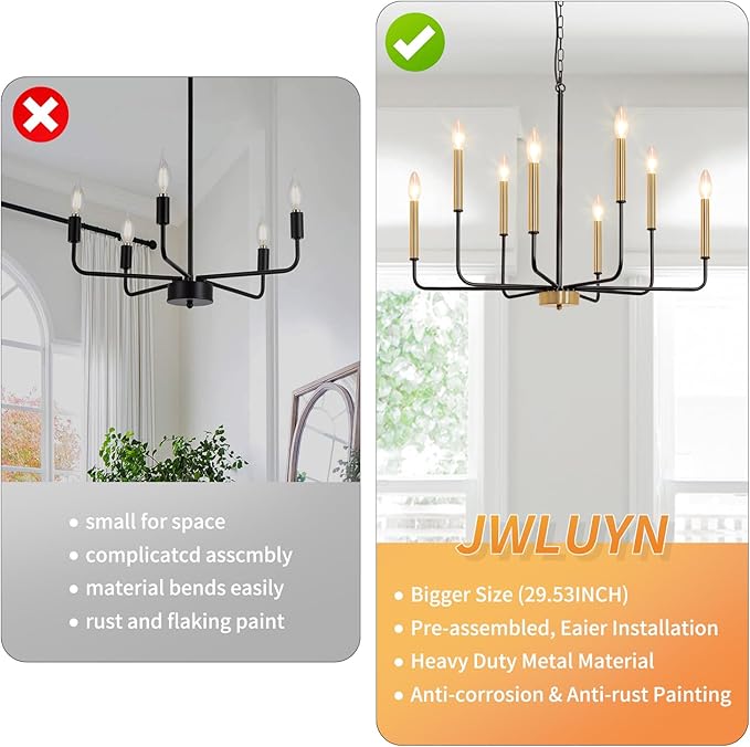 Black and Gold Chandelier: 8-Light 29.5 Inch Candle Style Chandeliers with Candelabra Arms - Modern Farmhouse Dining Room Light Fixture for Foyer Kitchen Island - E12 Base