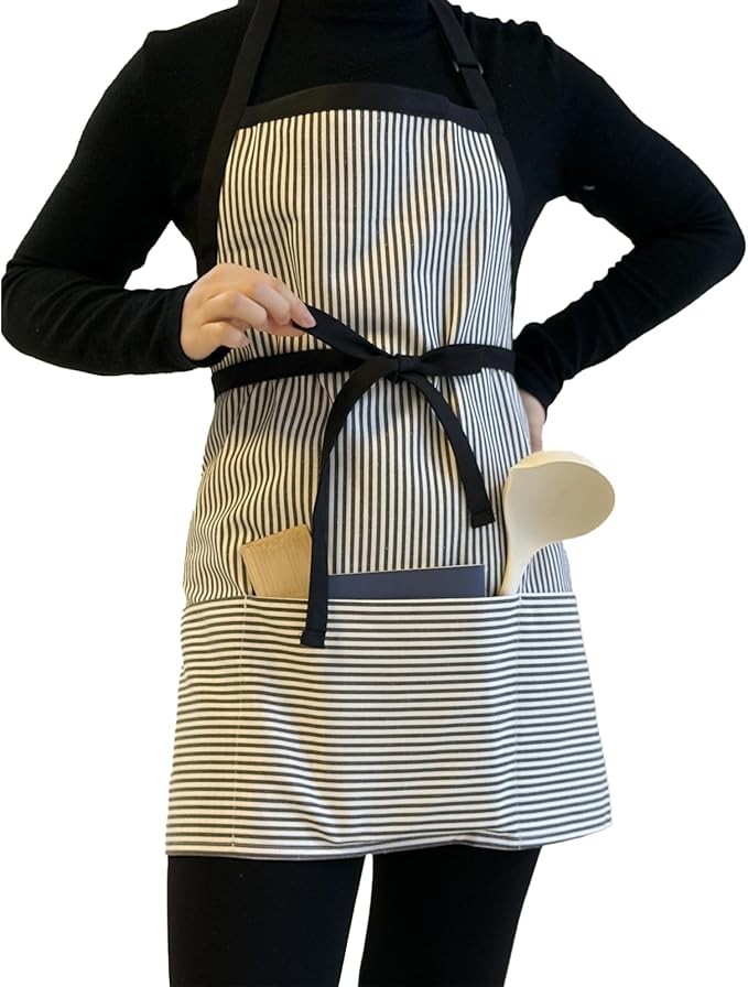 Kitchen Apron with 3 Pocket, Adjustable Server Apron, Waitress Apron with Pockets Stripes