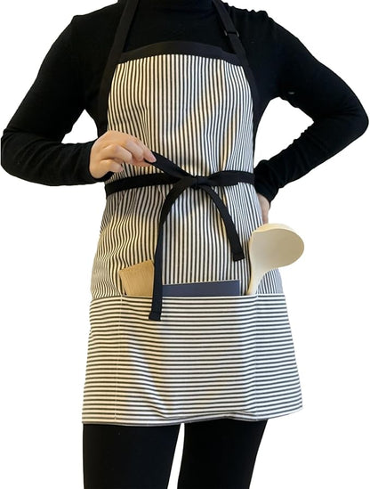 Kitchen Apron with 3 Pocket, Adjustable Server Apron, Waitress Apron with Pockets Stripes