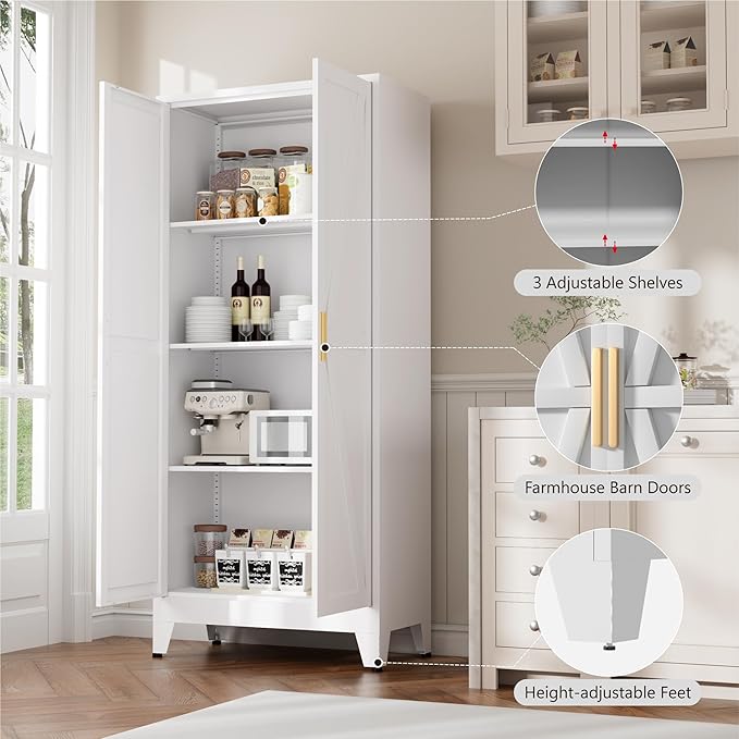 Bevivog 61" Metal Storage Cabinet with Doors and Shelves, Farmhouse Tall Bathroom Cabinets Freestanding, White Metal Pantry Cabinet for Kitchen, Living Room, Home Office