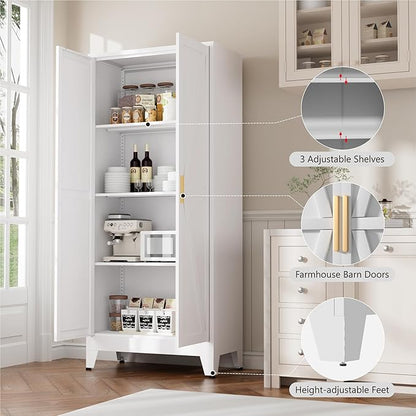 Bevivog 61" Metal Storage Cabinet with Doors and Shelves, Farmhouse Tall Bathroom Cabinets Freestanding, White Metal Pantry Cabinet for Kitchen, Living Room, Home Office