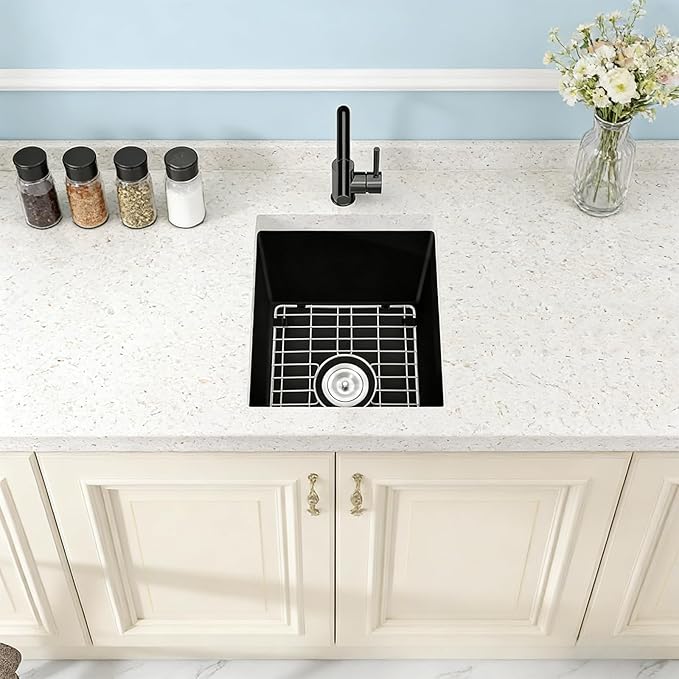 Black Bar Sink 18 x 14, Matte Black Granite Composite Undermount Kitchen Sinks, 18 Inch Quartz Stone Kitchen Sink With Sink Drain Assembly and Sink Bottom Grid