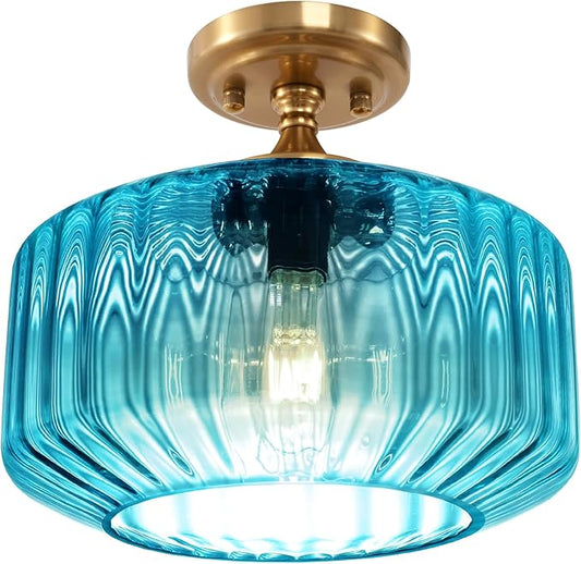 Blue Glass Ceiling Light, Flush Mount Light Fixture Ribbed Glass Shade, Vintage Farmhouse Lighting for Bedroom, Living Room, Kitchen, Bathroom, Nursery, Hallway