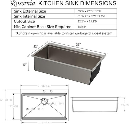 33x22 Drop In Kitchen Sink 16 Gauge Stainless Steel, Workstation Combo with Cutting Board & Washing Colander & Drying Rack, 10Inch Deep Single Bowl Topmount Sinks, 33"x22"x10", Brushed Nickle