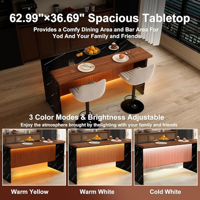 63 Inch Kitchen Island with 4 Deep Brown Bar Stools – White Marble Countertop, Integrated LED Lighting & Grille Design, Multi-Functional Breakfast Bar for Dining Rooms, (Black+2grey)