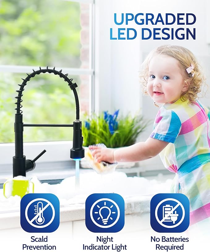 LUFEIDRA Black Kitchen Faucet with Sprayer LED Light, High Arc Spring 304 Stainless Steel Single Handle LED Faucets, Kitchen Sink Faucet for Bar Sink Rv, Matte Black