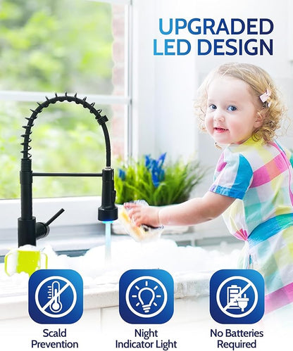 LUFEIDRA Black Kitchen Faucet with Sprayer LED Light, High Arc Spring 304 Stainless Steel Single Handle LED Faucets, Kitchen Sink Faucet for Bar Sink Rv, Matte Black