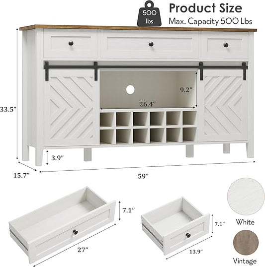 CABIHOME Farmhouse 59'' Buffet Cabinet with Sliding Barn Door, 33.4'' Tall Wood Rustic Sideboard with 3 Drawer, Adjustable Shelf and Removable Wine Rack for Dining Room, Kitchen, Living Room, White
