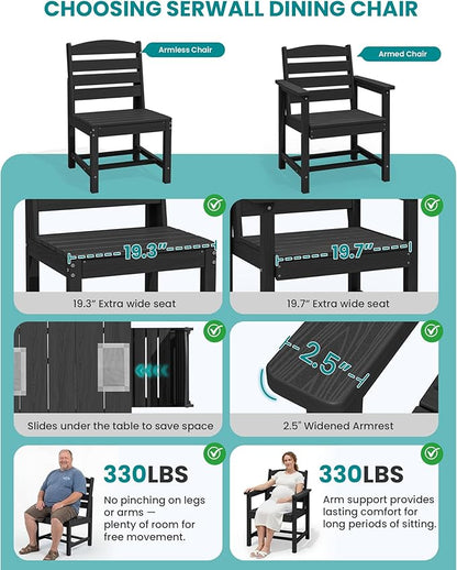 SERWALL Patio Dining Sets for 6 Person, HDPE Dining Set with 6 Armless Chairs, Black