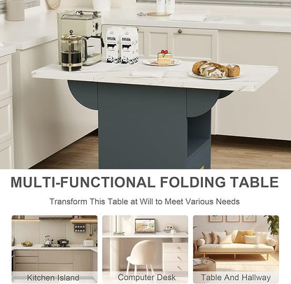 Versatile Folding Dining Table with 360-Degree Casters, Space-Saving Movable Kitchen Table with Storage Rack and Drawer