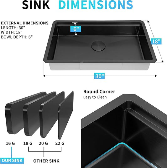 Black Undermount Kitchen Sink 30 x 18 Inch,16 Gauge 304S Stainless Steel Workstation Sinks with Ledge & Accessories, 30" x 18" x 6" ADA-Compliant Kitchen Sink, 6 Inch Deep ADA Black Sink