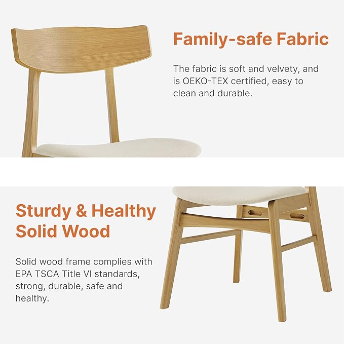 KISLOT Wooden Dining Chairs Set of 4, Upholstered Modern Dining Room Chairs, Mid Century Oak Kitchen Chairs with Curved Wood Backrest for Kitchen, Restaurant, Farmhouse (Cream Fabric & Original Color)