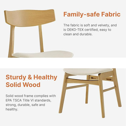 KISLOT Wooden Dining Chairs Set of 4, Upholstered Modern Dining Room Chairs, Mid Century Oak Kitchen Chairs with Curved Wood Backrest for Kitchen, Restaurant, Farmhouse (Cream Fabric & Original Color)