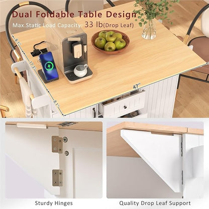 Large Kitchen Island with 2 Drop Leaf Rolling Cart with Power Outlet Folding Storage Dining Table with Spice and Towel Rack Practical(White)