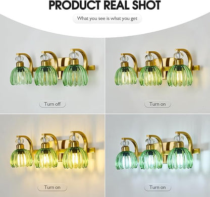 Vintage Bathroom Vanity Light Fixture 3 Lights Gold Bathroom Lighting with Green Glass Shade Mid Century Vanity Light Over Mirror for Kitchen Bedroom Living Room Farmhouse