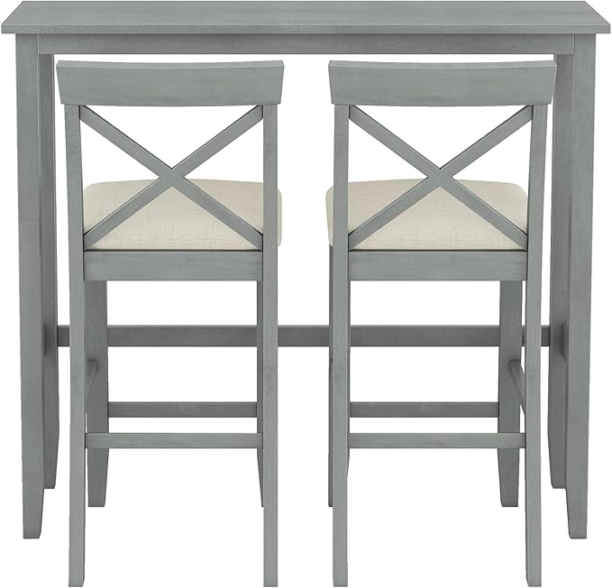 Farmhouse Dining Table Set,48" Rectangular Wood Bar Height Dining Set, Kitchen Breakfast Nook with 2 Upholstered Chairs for Small Places (Gray/N*Bar)
