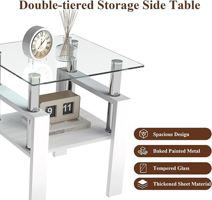 Set of 2 Glass End Table, 2-Layer Glass Living Room Table, Modern Tea Table Side Tables for Home Office Furniture