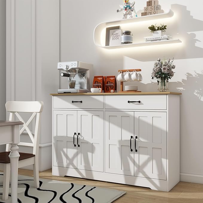 Locsear White Buffet Cabinet, Coffee Bar Cabinet with 2 Drawers & 4 Doors, Kitchen Buffet Sideboard for Living Room (15.35" D x 47.95" W x 32.08" H)