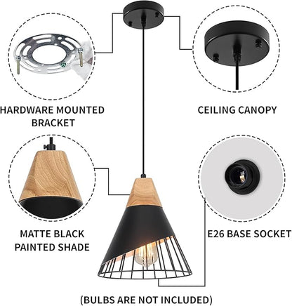 Black Pendant Light, 2 Packs 9.4inch Modern Pendant Lights, Farmhouse Pendant Light, Kitchen Pendant Lighting, Black Pendant Lights Kitchen Island for Living Room, Bar, Bedroom, Office