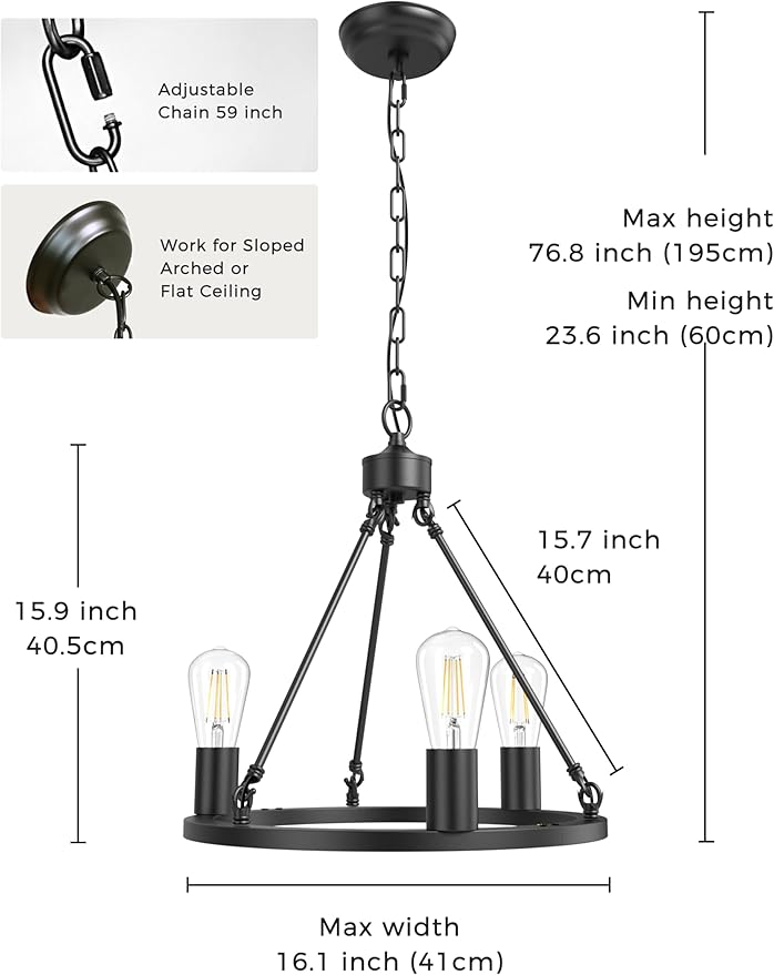 L LOHAS LED Black Farmhouse Chandeliers for Dining Room, 3-Light Wagon Wheel Chandelier Over Table, Height Adjustable, 16" Dining Room Light Fixtures, Modern Chandelier for Kitchen Island Living Room