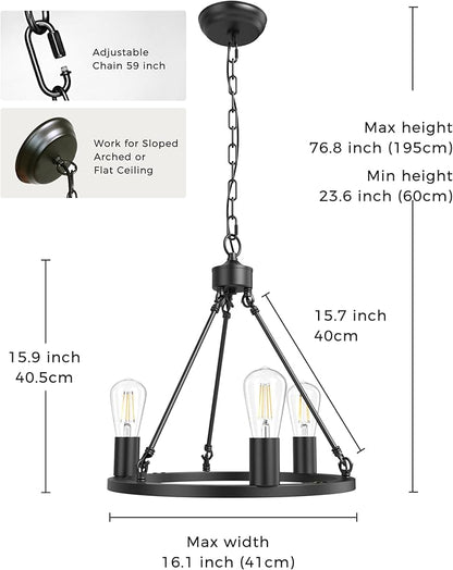 L LOHAS LED Black Farmhouse Chandeliers for Dining Room, 3-Light Wagon Wheel Chandelier Over Table, Height Adjustable, 16" Dining Room Light Fixtures, Modern Chandelier for Kitchen Island Living Room