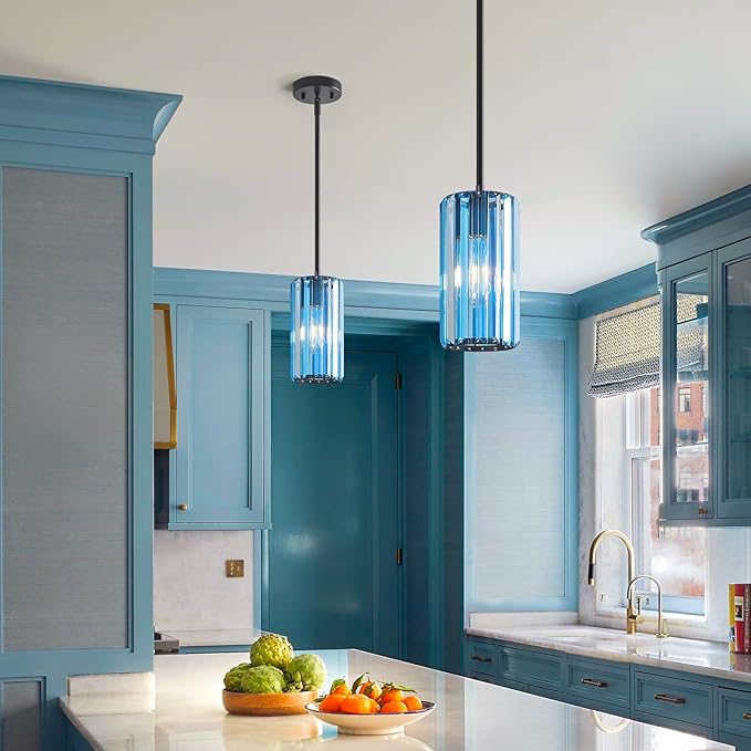 Modern Crystal Pendant Light Mini Light Blue Chandeliers Adjustable Pendant Lights Fixture for Kitchen Island Dinning Room Corridor Bedroom(Light Blue 2-Pack)