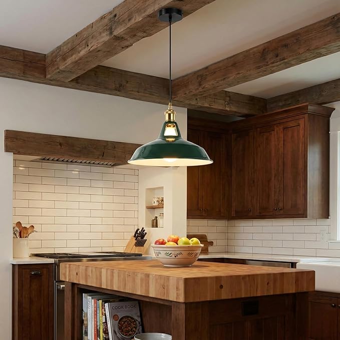Green Industrial Farmhouse Pendant Light 1m Adjustable Cord, Vintage Barn Metal Hanging Lamp Fixture, Rustic Retro Ceiling Lighting for Kitchen Island Dining Room Bedroom E26 (Green)