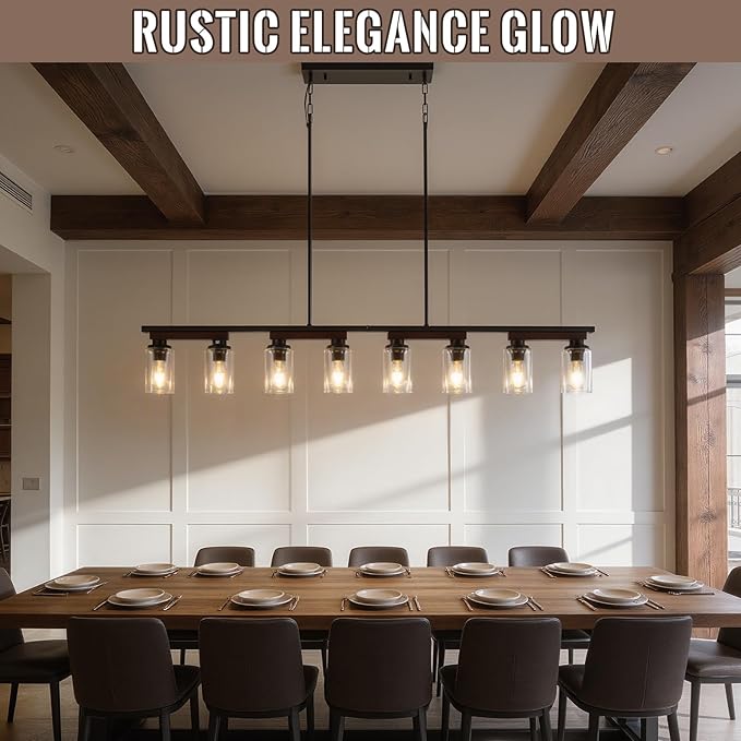 8-Light Kitchen Island Lighting & Farmhouse Dining Room Light Fixtures Over Table, 60in Rustic Linear Chandelier Adjustable Ceiling Hanging Pendant - Rotating Design, Customizable Shapes, Clear Glass