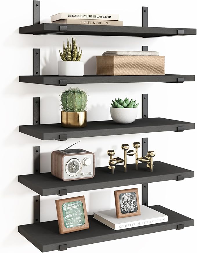 Fixwal Wall Shelves, Width 4.7 Inches Black Floating Shelves for Wall, Rustic Wood Wall Storage Shelves for Bedroom, Living Room, Kitchen, Bathroom, Home Decor (Set of 5 Black)