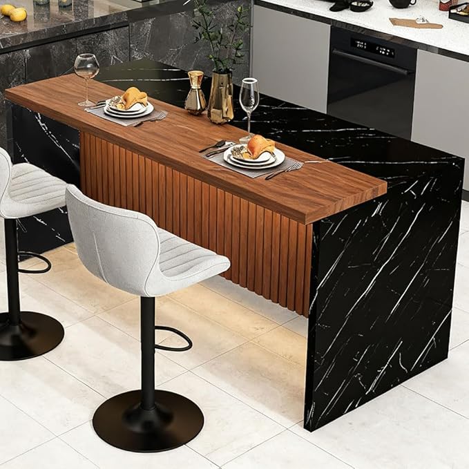 63" Large Imitation Marble Dining Table with LED Lights, Modern Kitchen Island Table for 4–6 People, Bar Height Dining Table with Marble Stripes & Grille Base Design,Black