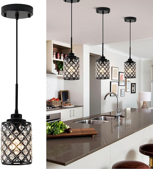 Black Pendant Light Fixtures,1-Light Modern Industrial Pendant Lights Kitchen Island, Matte Finish Hanging Lighting K9 Crystal Mini Chandelier for Dining Room,Hallway,Bedroom,Foyer（1 Pack