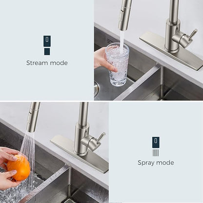 FORIOUS Kitchen Faucet with Pull Down Sprayer, Brushed Nickel High Arc Modern Classic Sink Faucet Stainless Steel with Deck Plate Fit for 1 or 3 Hole for Pot Filler Bar Farmhouse Laundry Rv