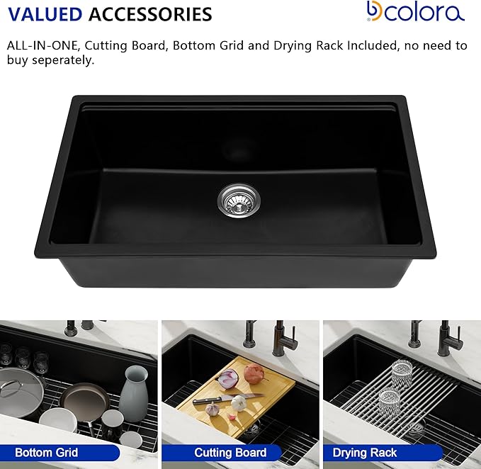 Dcolora Matte Black Quartz Kitchen Sink 33” Undermount Single Bowl, Workstation Design with Accessories, Durable Heat & Scratch Resistant Granite Sink #DC-GU7743