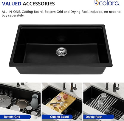 Dcolora Matte Black Quartz Kitchen Sink 33” Undermount Single Bowl, Workstation Design with Accessories, Durable Heat & Scratch Resistant Granite Sink #DC-GU7743