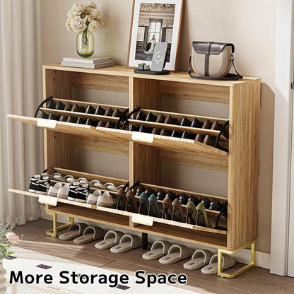 Fluted Shoe Cabinet Storage with 4 Flip Drawers, Wood Narrow Hidden Shoe Cabinet with Metal Legs & Adjustable 2 Tier Shelf for Entryway, Freestanding Slim Shoe Rack Organizer for Hallway Living Room